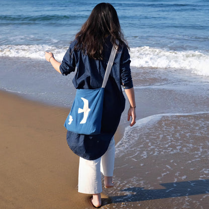 Sac épaule en lin et coton avec broderie de mouettes