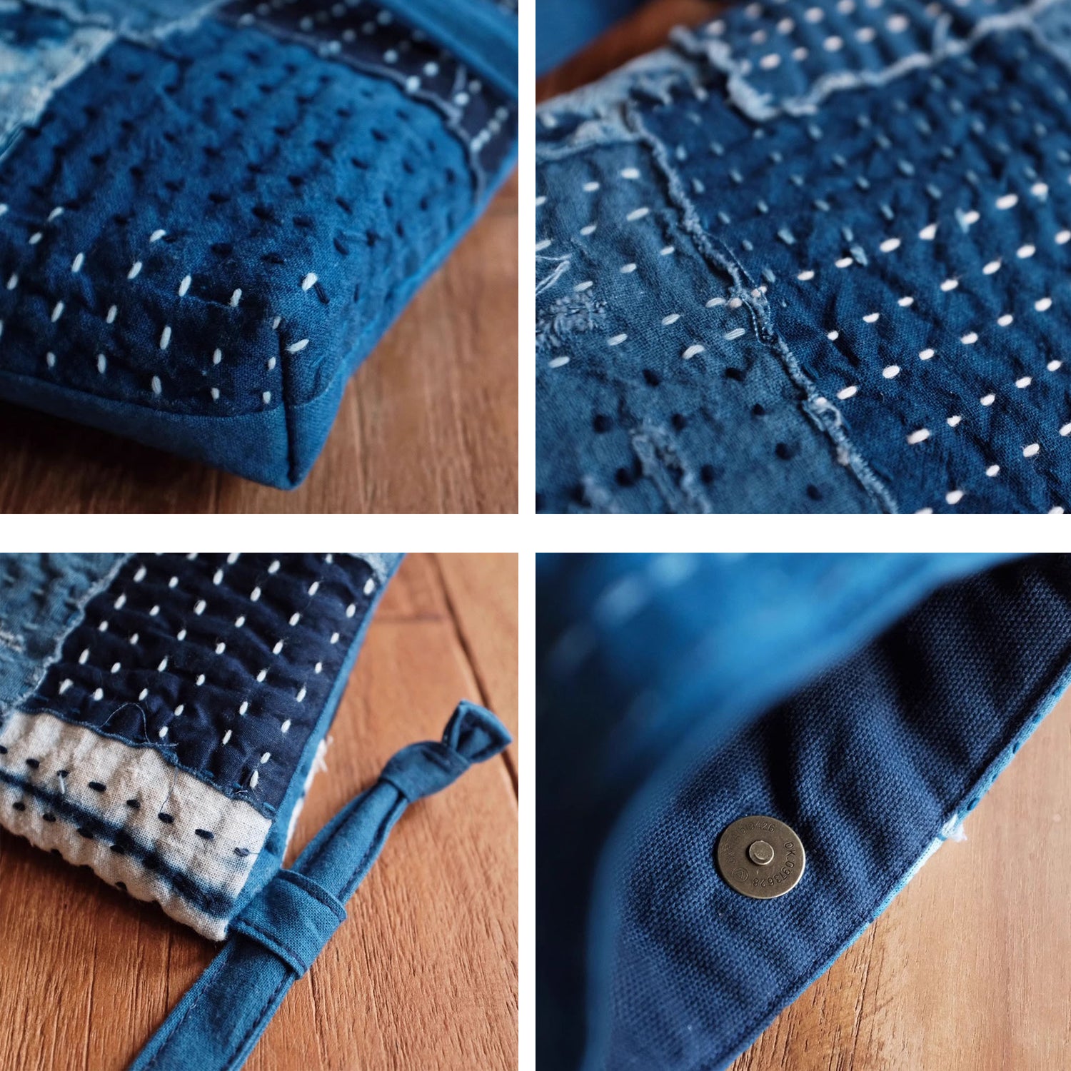 Sac bandoulière en coton teint à l’indigo avec broderie Sashiko