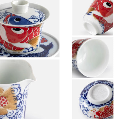 Ensemble de Gaiwan en céramique avec Motif bonheur dragon et poisson