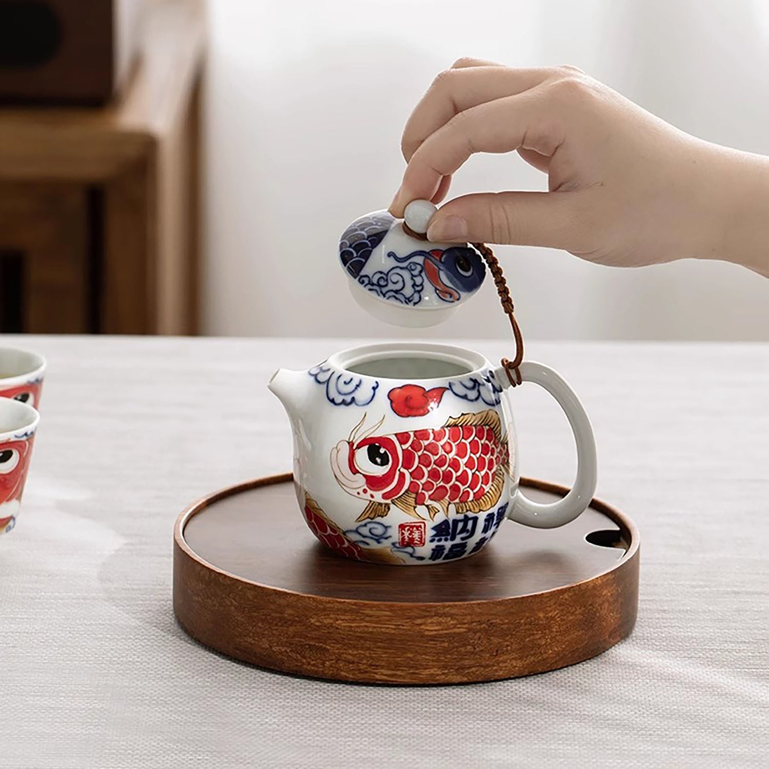 Ensemble de service à thé en porcelaine avec Motif bonheur dragon et poisson