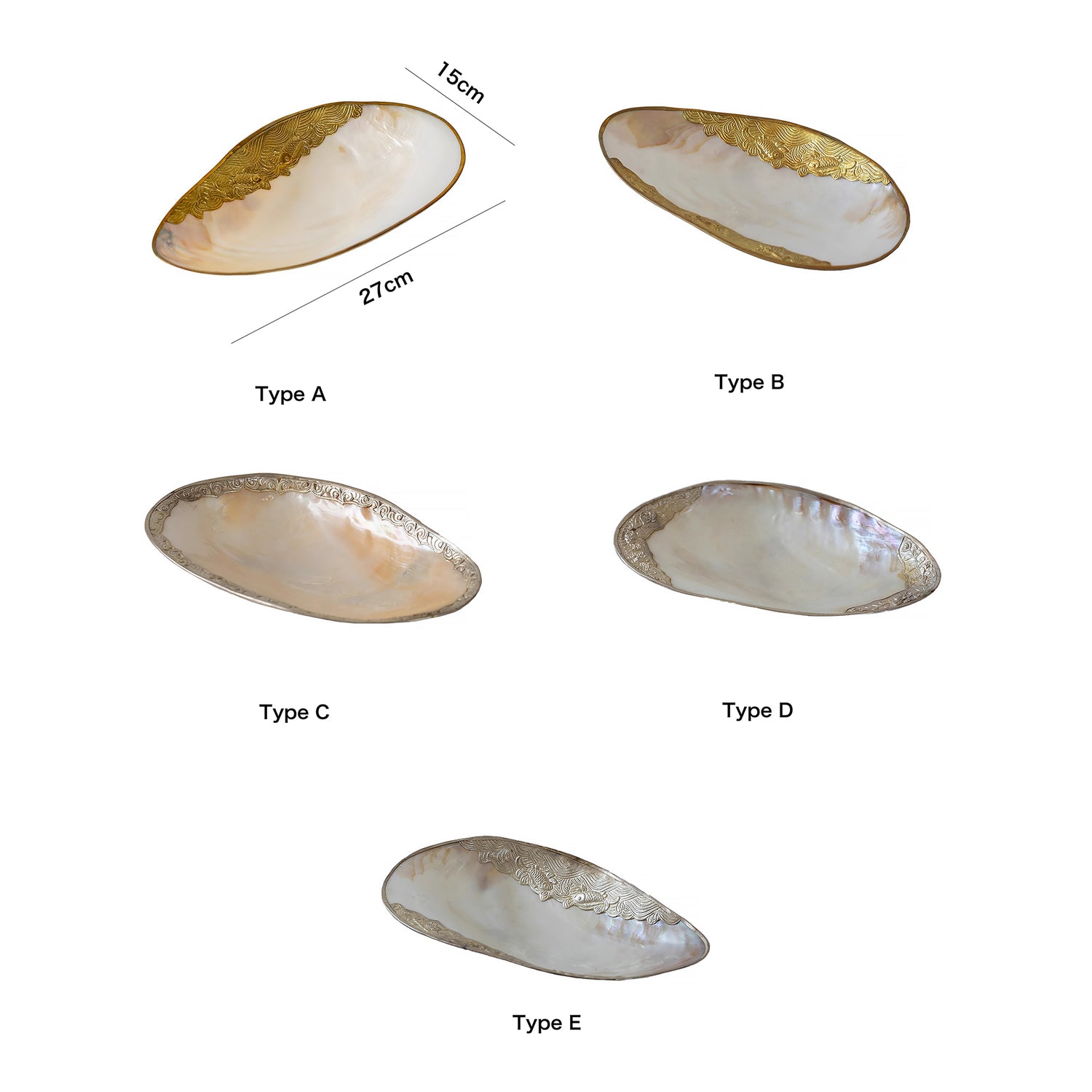 Plateau en nacre naturelle avec bord or ou argent