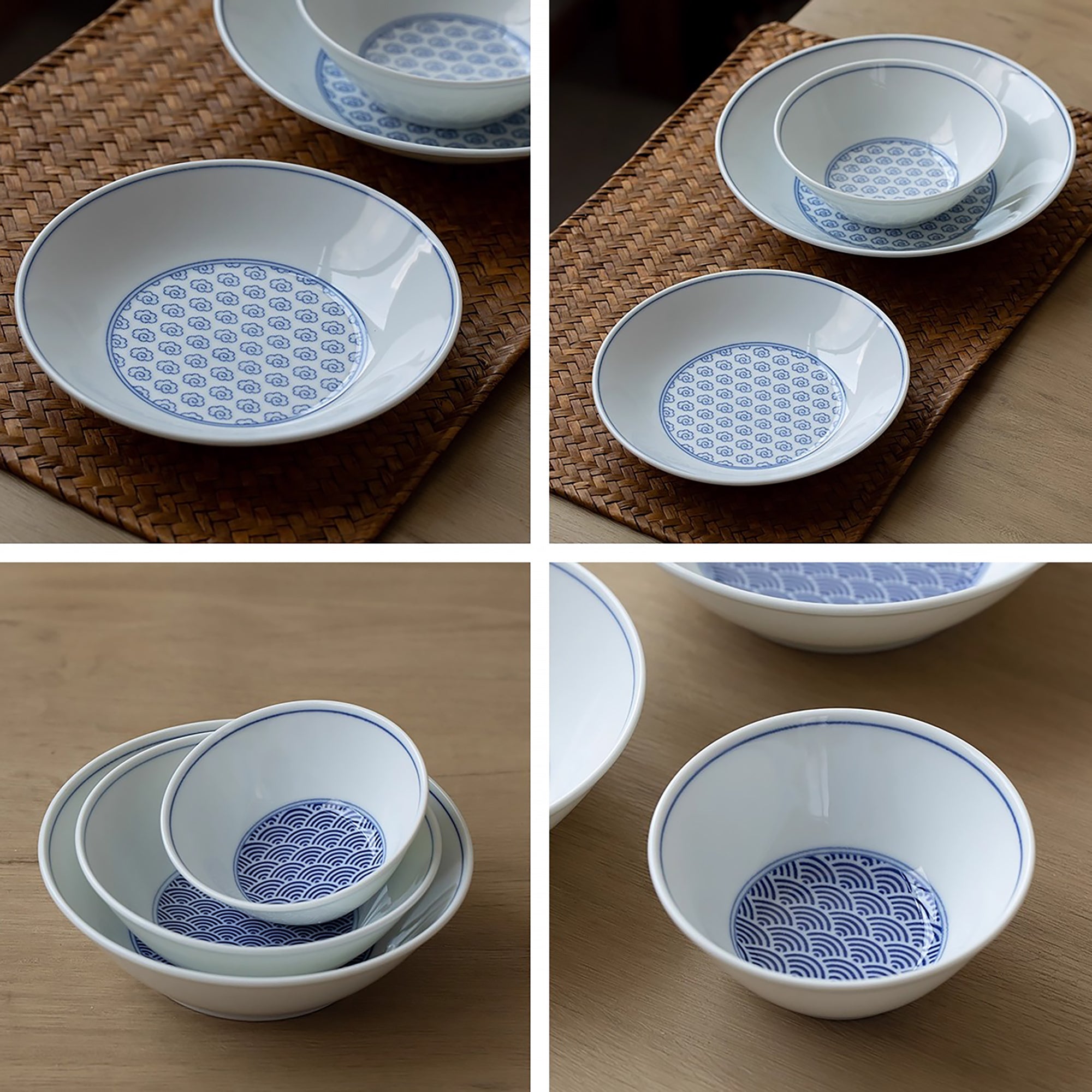 Vaisselle Minoyaki avec motifs Seigaiha et nuages bleus