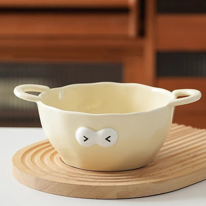 Bol en céramique à deux anses motif emoji yeux ronds