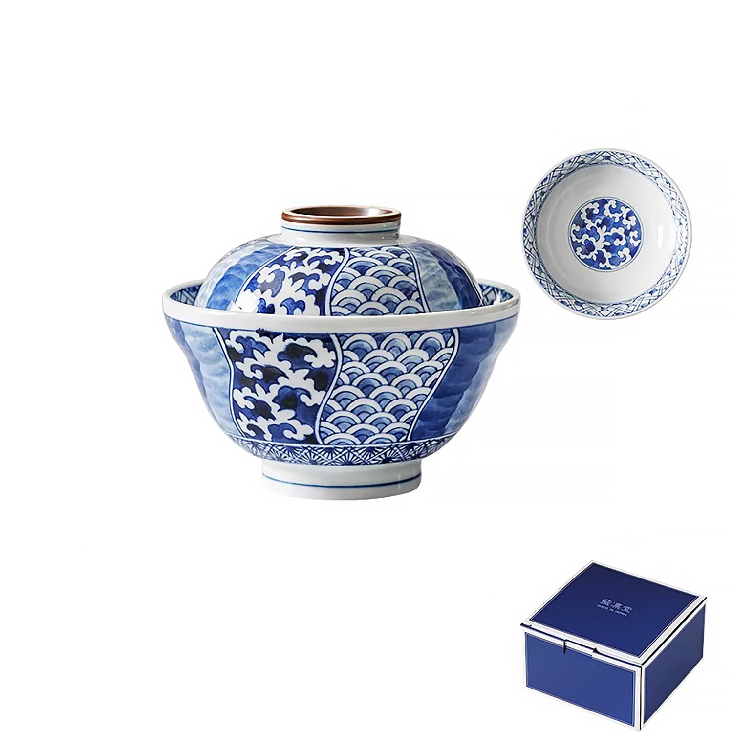 Bol couvert Rintrindo en céramique bleu et blanc