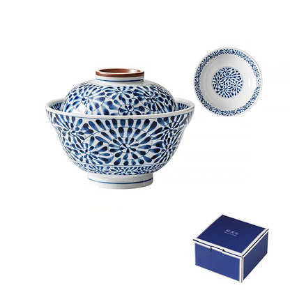 Bol couvert Rintrindo en céramique bleu et blanc