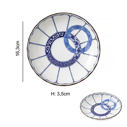 Vaisselle Minoyaki motif double anneau bleu et blanc