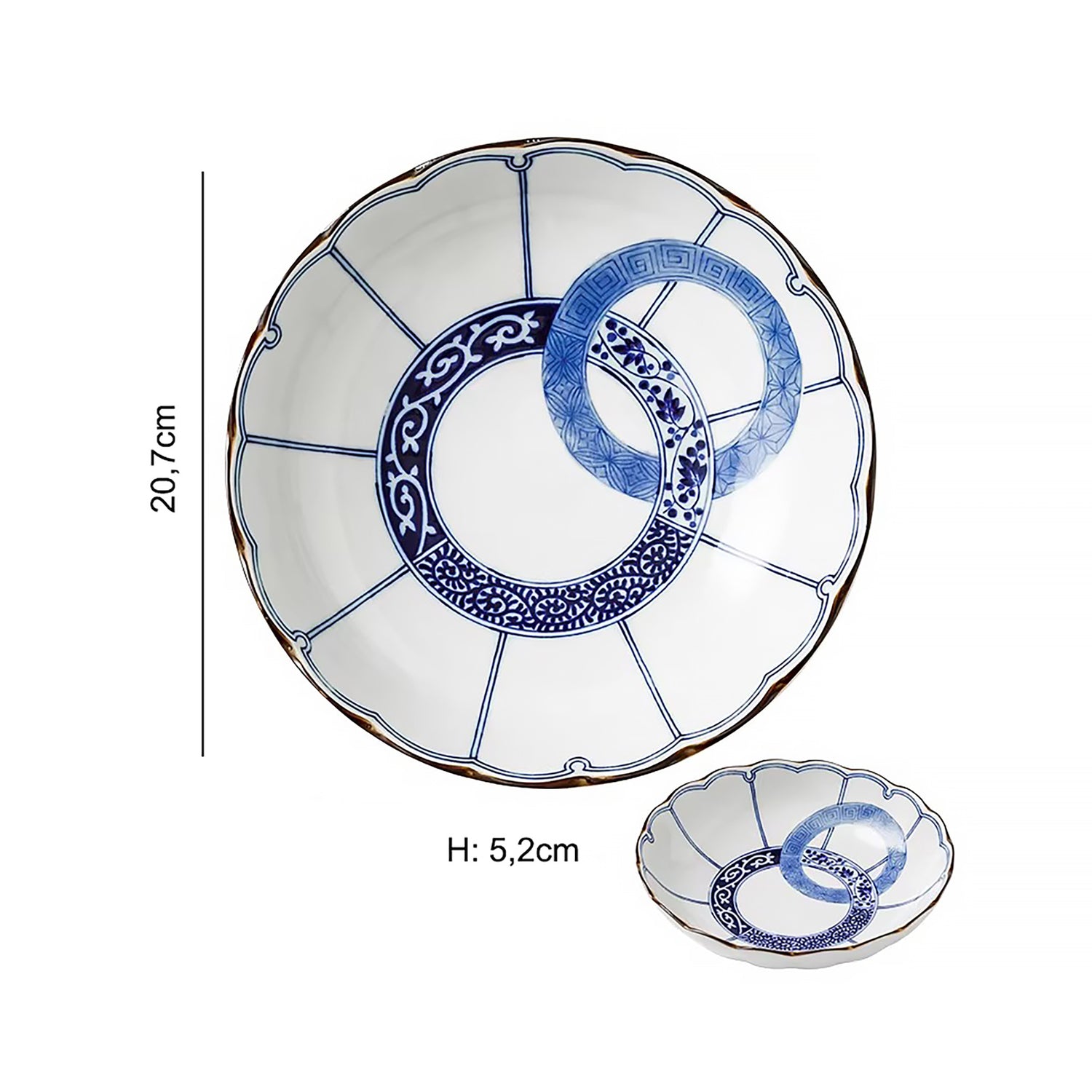 Vaisselle Minoyaki motif double anneau bleu et blanc