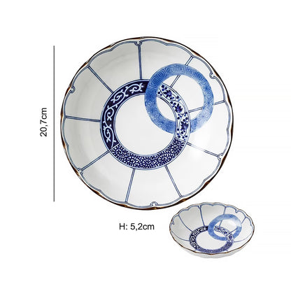 Vaisselle Minoyaki motif double anneau bleu et blanc