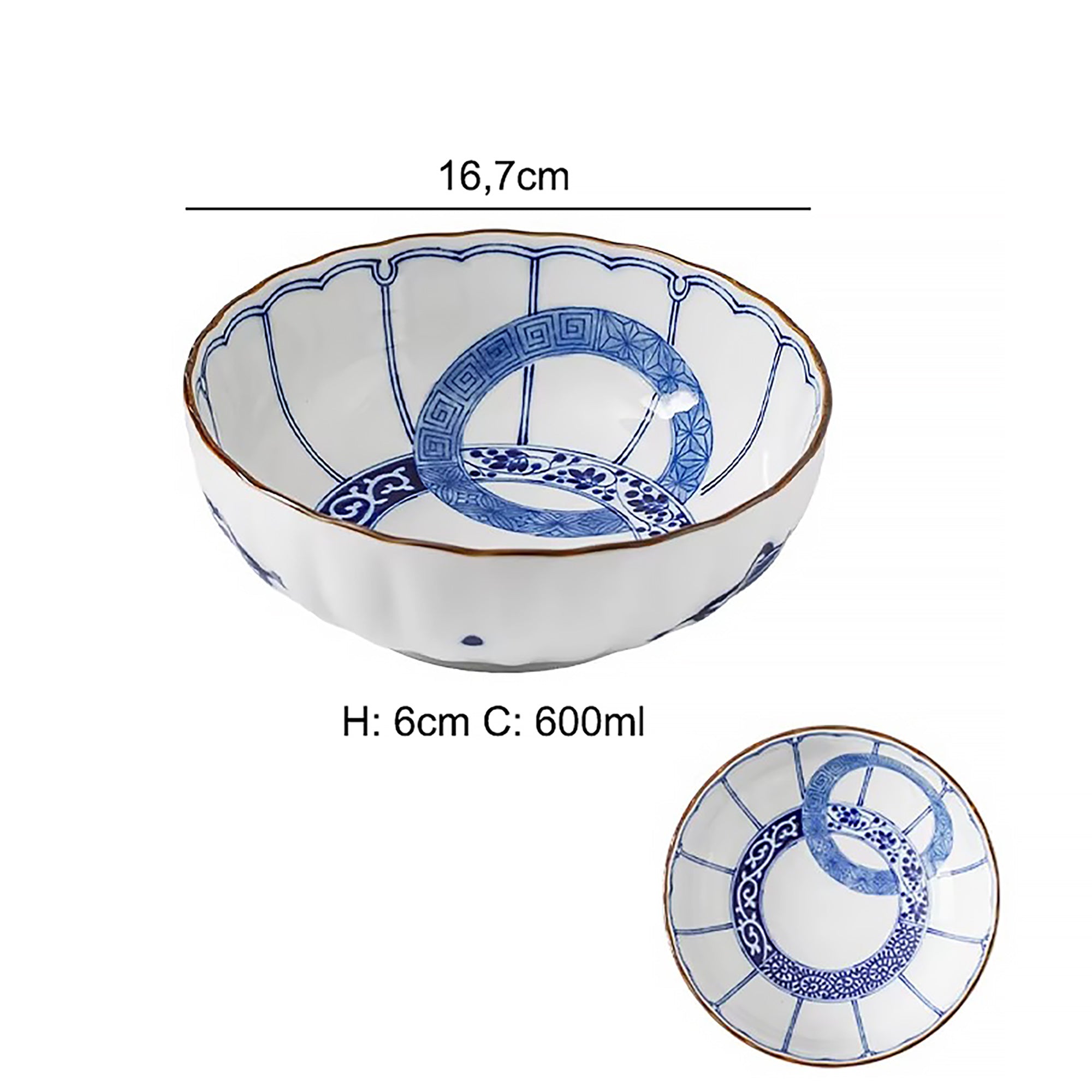 Vaisselle Minoyaki motif double anneau bleu et blanc