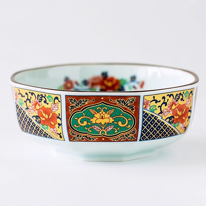 Bol octogonal Minoyaki avec motifs floraux teintés
