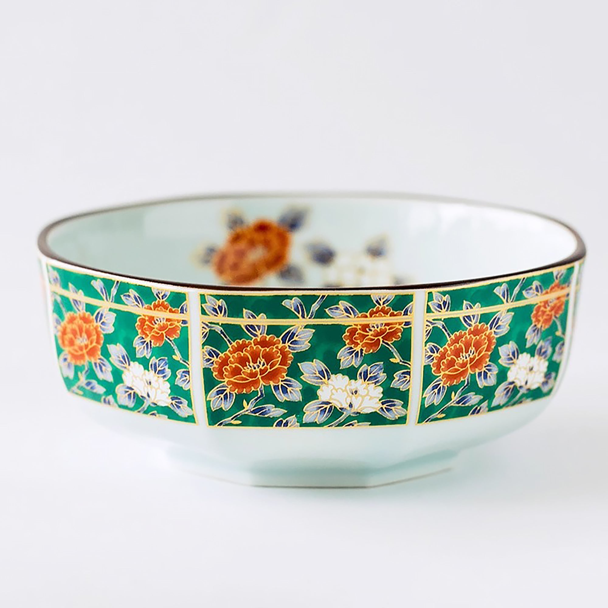 Bol octogonal Minoyaki avec motifs floraux teintés