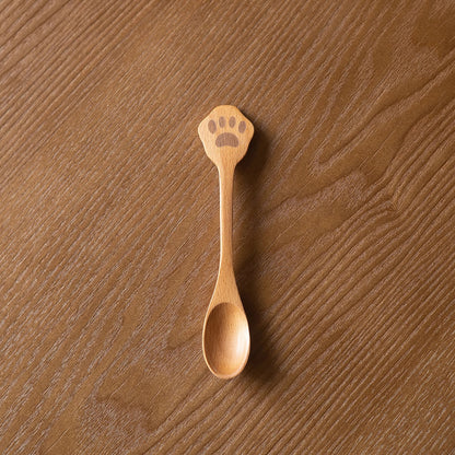 Cuillère et assiette en bois avec motif de chat