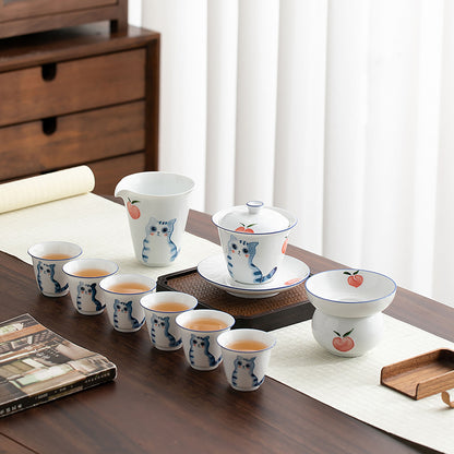 Ensemble de gaiwan en porcelaine blanche avec motif de chat mignon