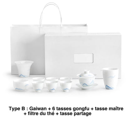 Ensemble de Gai wan en porcelaine blanche avec motif de montagne