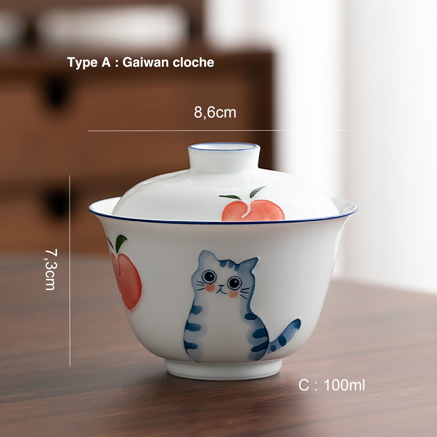 Gaiwan en porcelaine blanche avec motif chat mignon