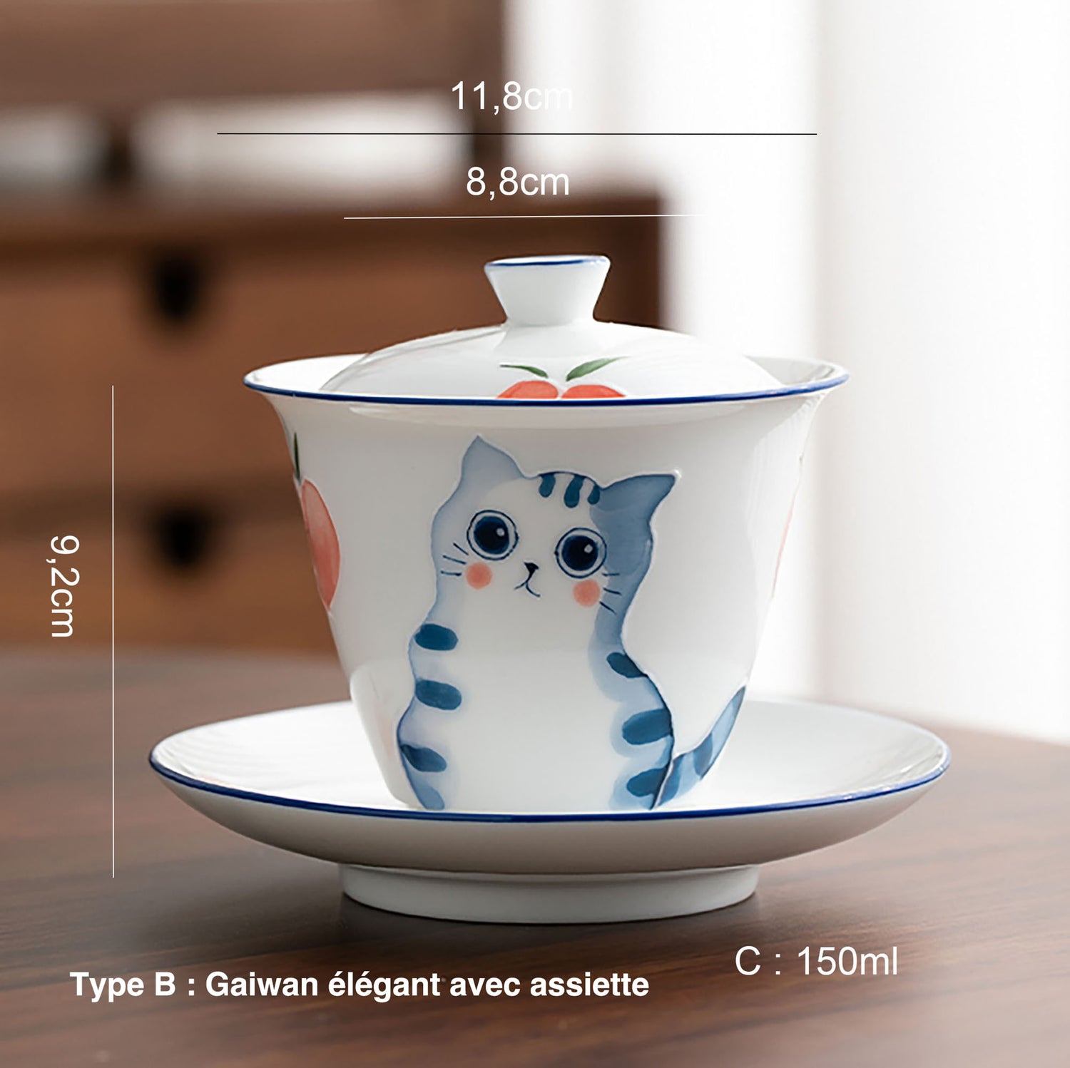 Gaiwan en porcelaine blanche avec motif chat mignon