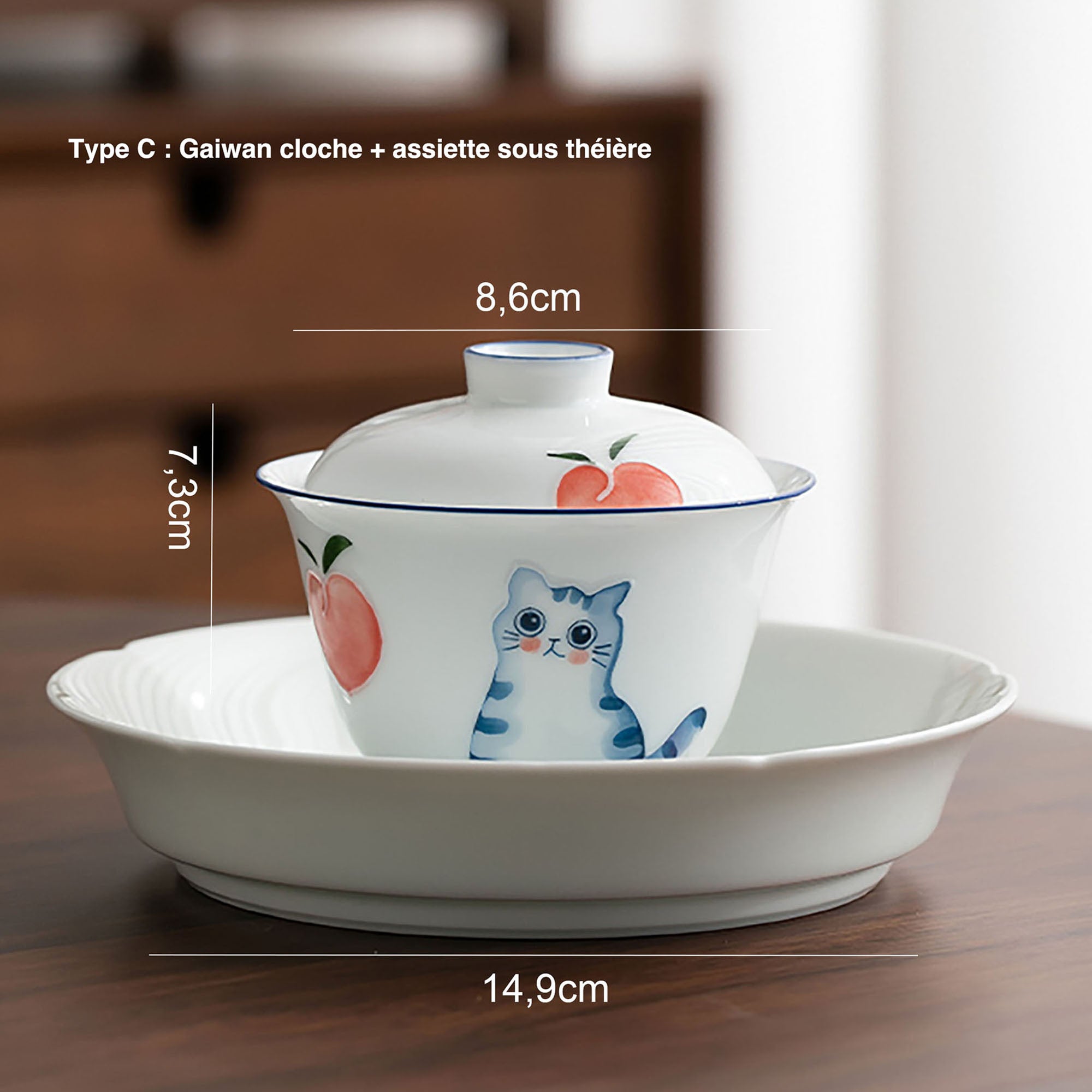 Gaiwan en porcelaine blanche avec motif chat mignon