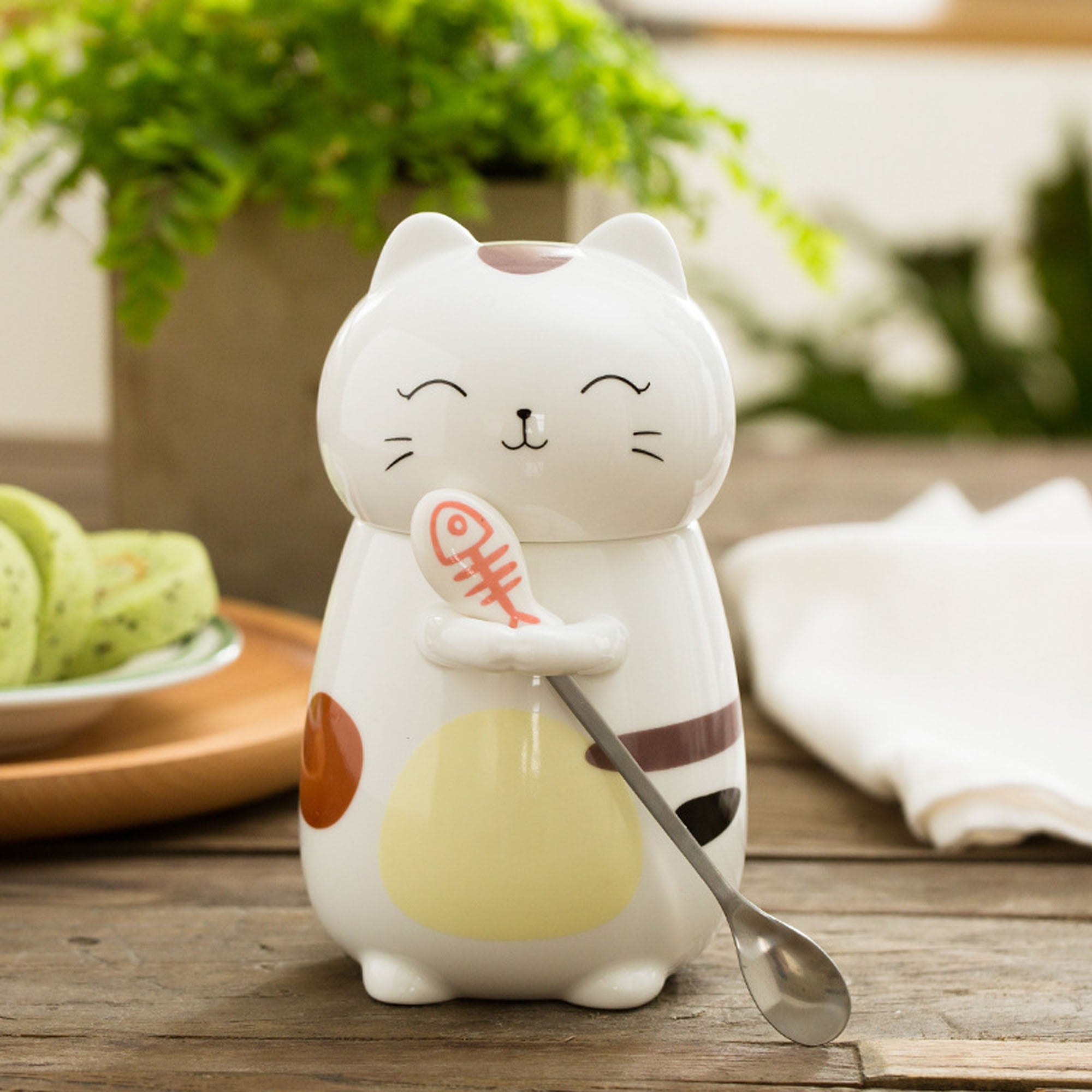 Mugs Chat Adorables avec Couvercles et Cuillères Assorties