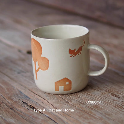 Mug en céramique fait à la main avec motif  Chat et maison