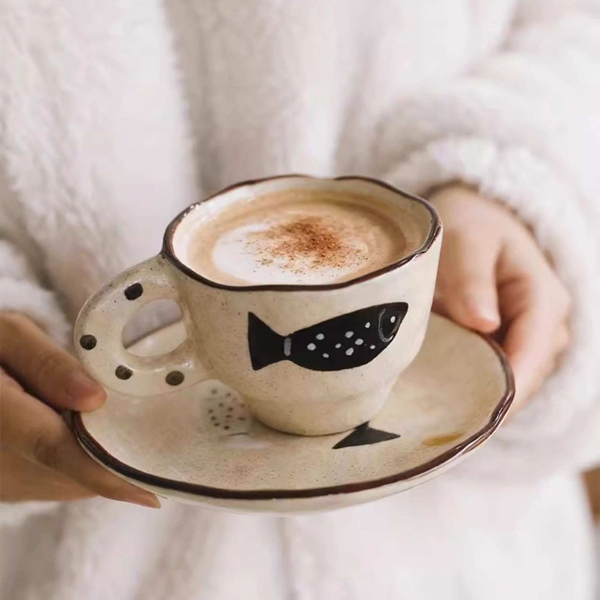 Tasse à café artisanale avec motif poisson