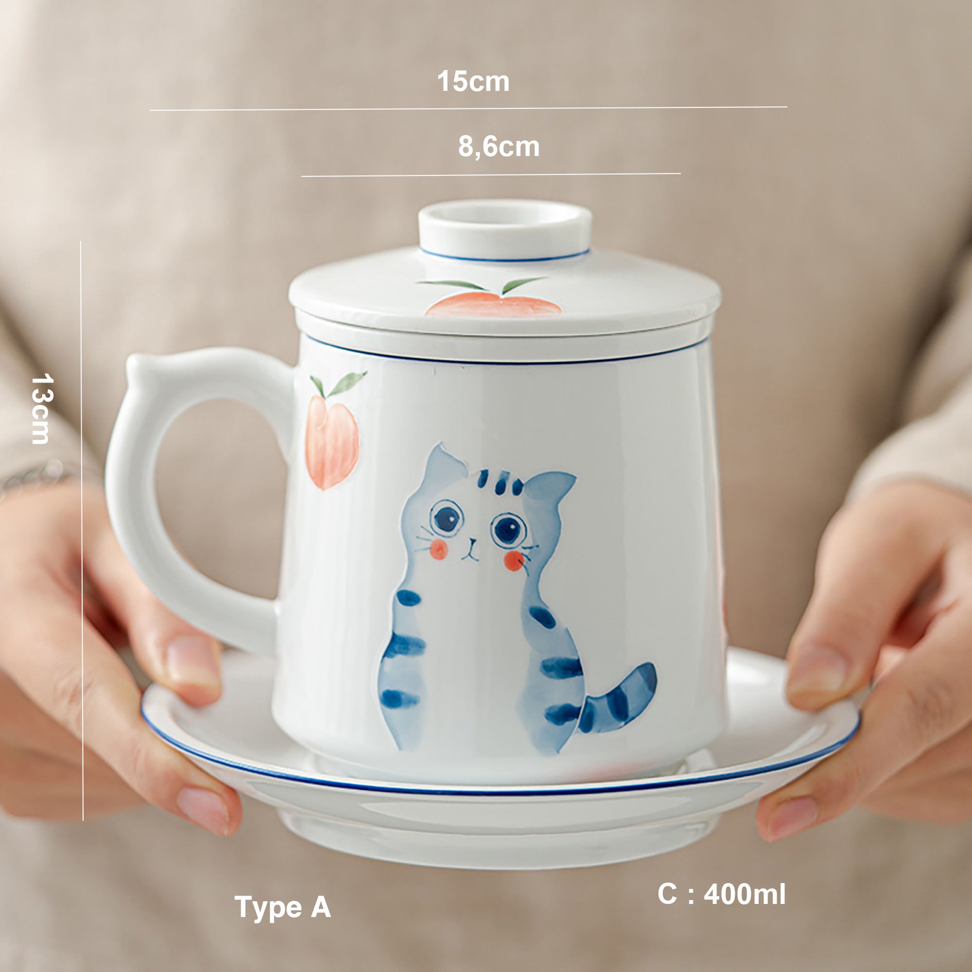 Mug à thé en porcelaine blanche avec motif de chat mignon