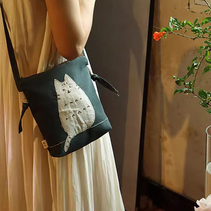 Sac bandoulière en toile lin et coton fait à la main avec mignon motif chat