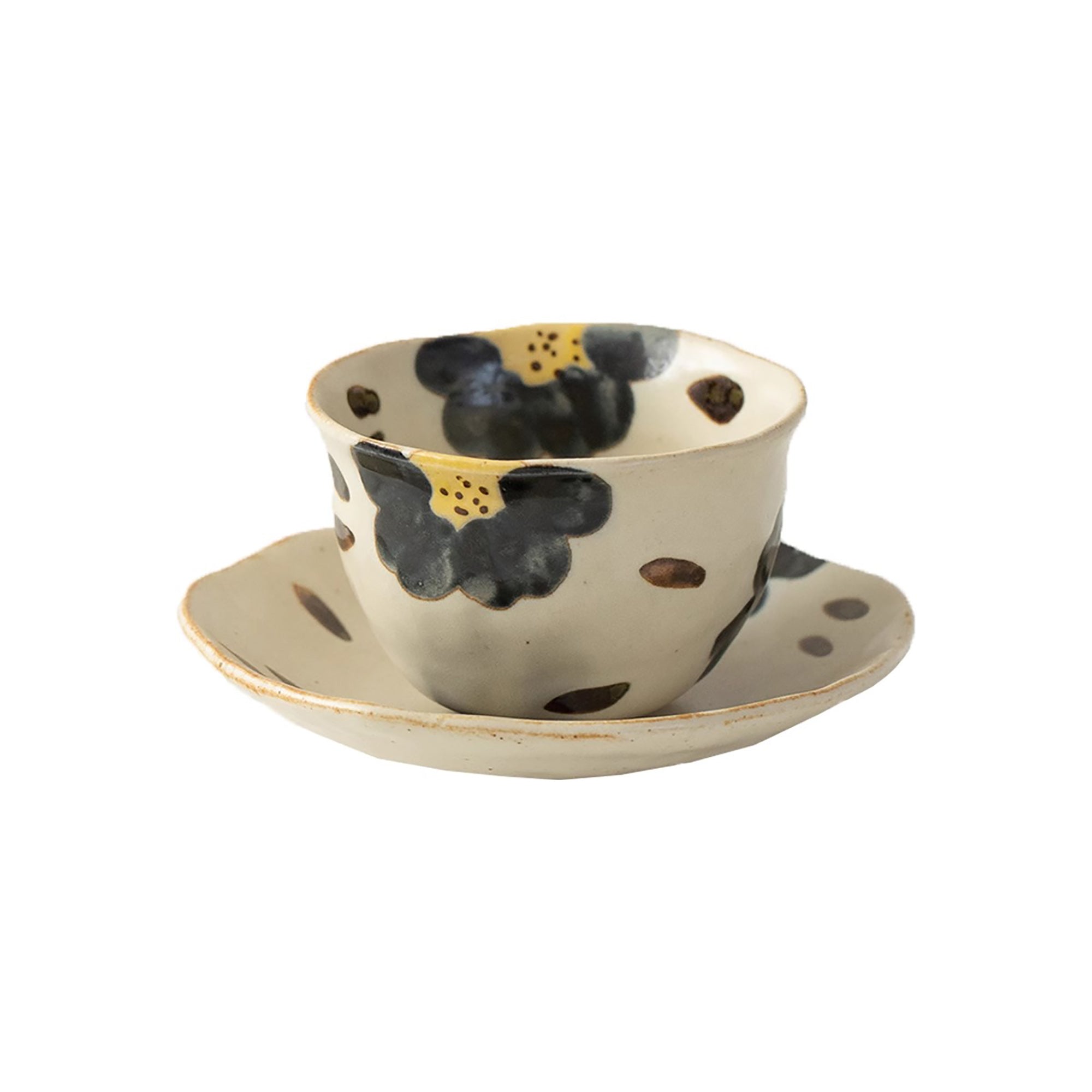Tasse et soucoupe en grès Tokoname  avec Motif floral