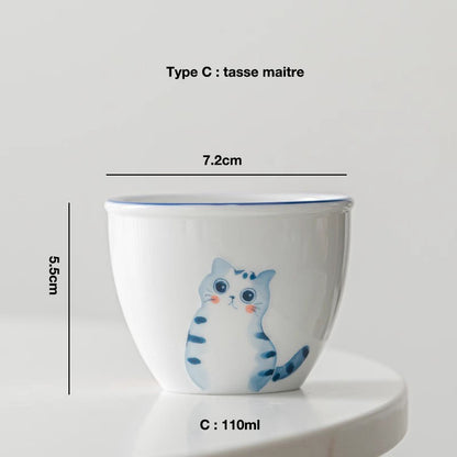 Tasses en porcelaine blanche avec motif de chat mignon