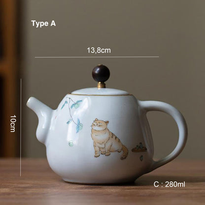 Théière en porcelaine Ru avec Motif de chat dessiné à la main