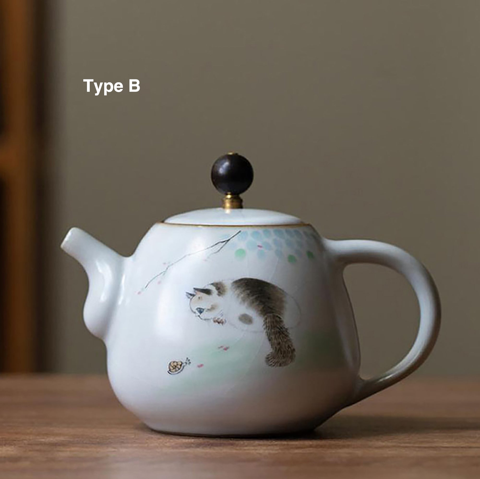 Théière en porcelaine Ru avec Motif de chat dessiné à la main