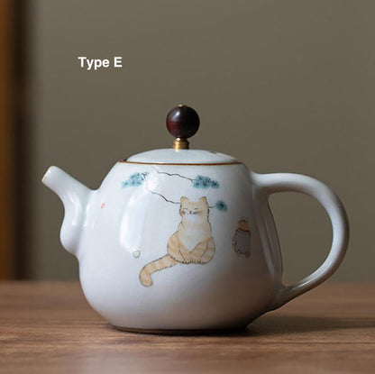 Théière en porcelaine Ru avec Motif de chat dessiné à la main