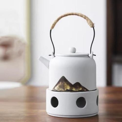 Théière en céramique style minimaliste japonais avec anse en corde tressée à la main