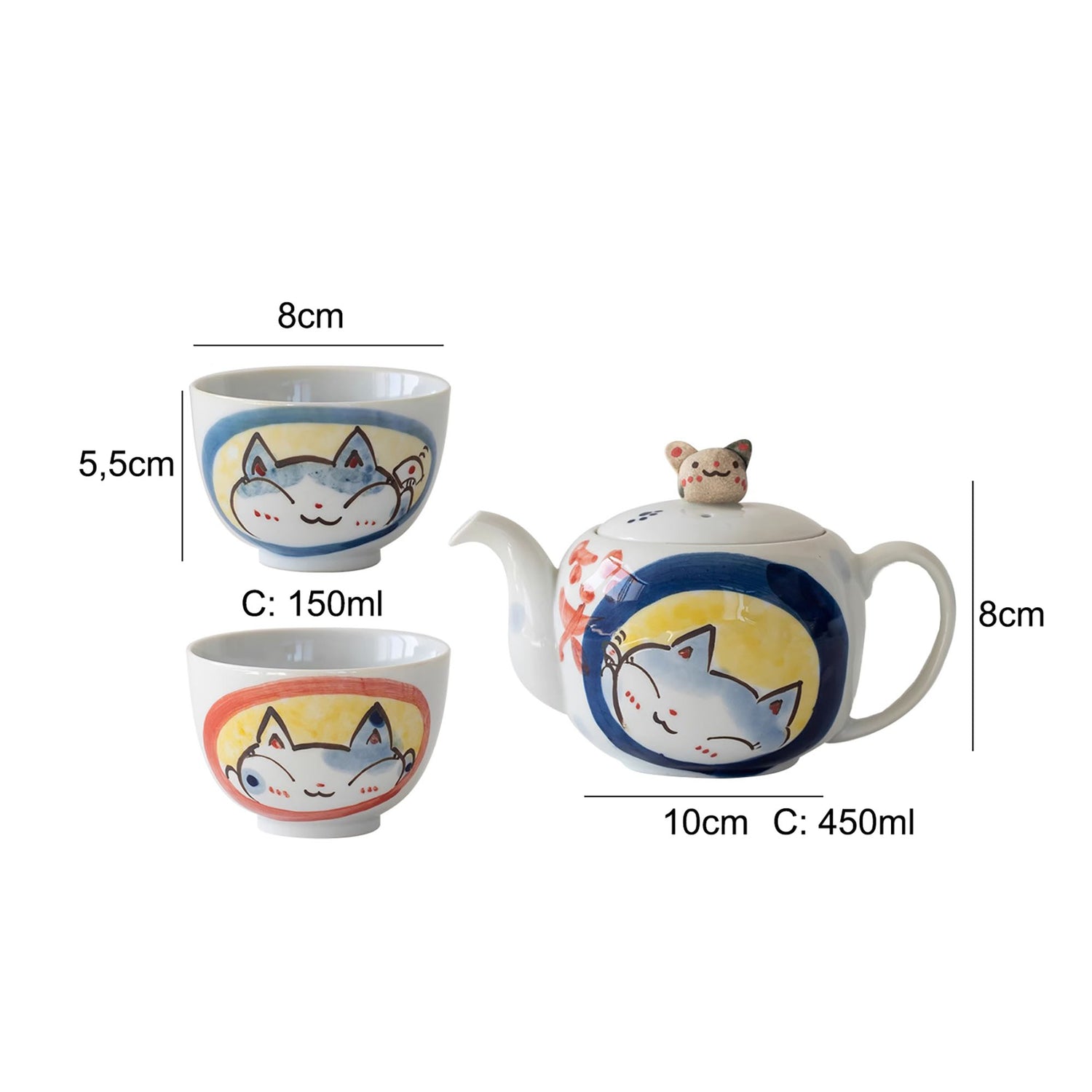 Service à thé en porcelaine Arita avec motif de chat mignon