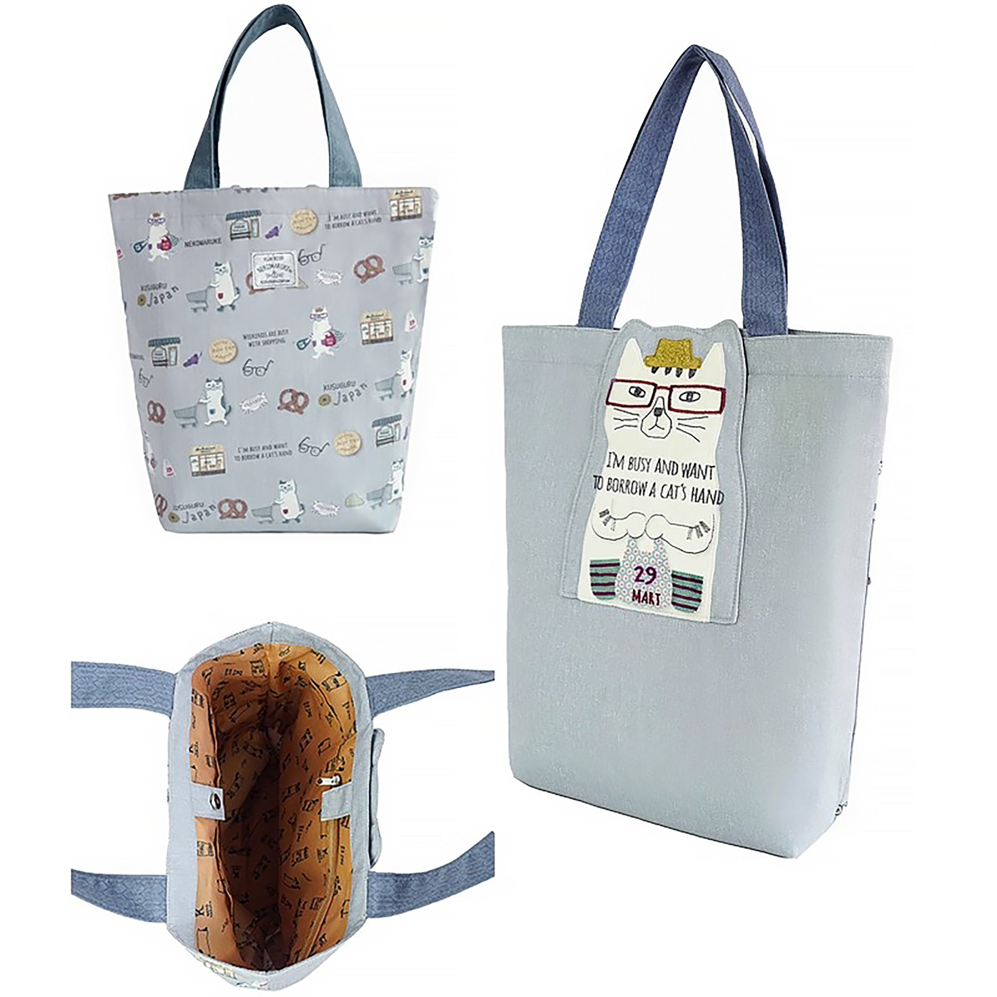 Grand Sac cabas Kusuguru avec chat brodé