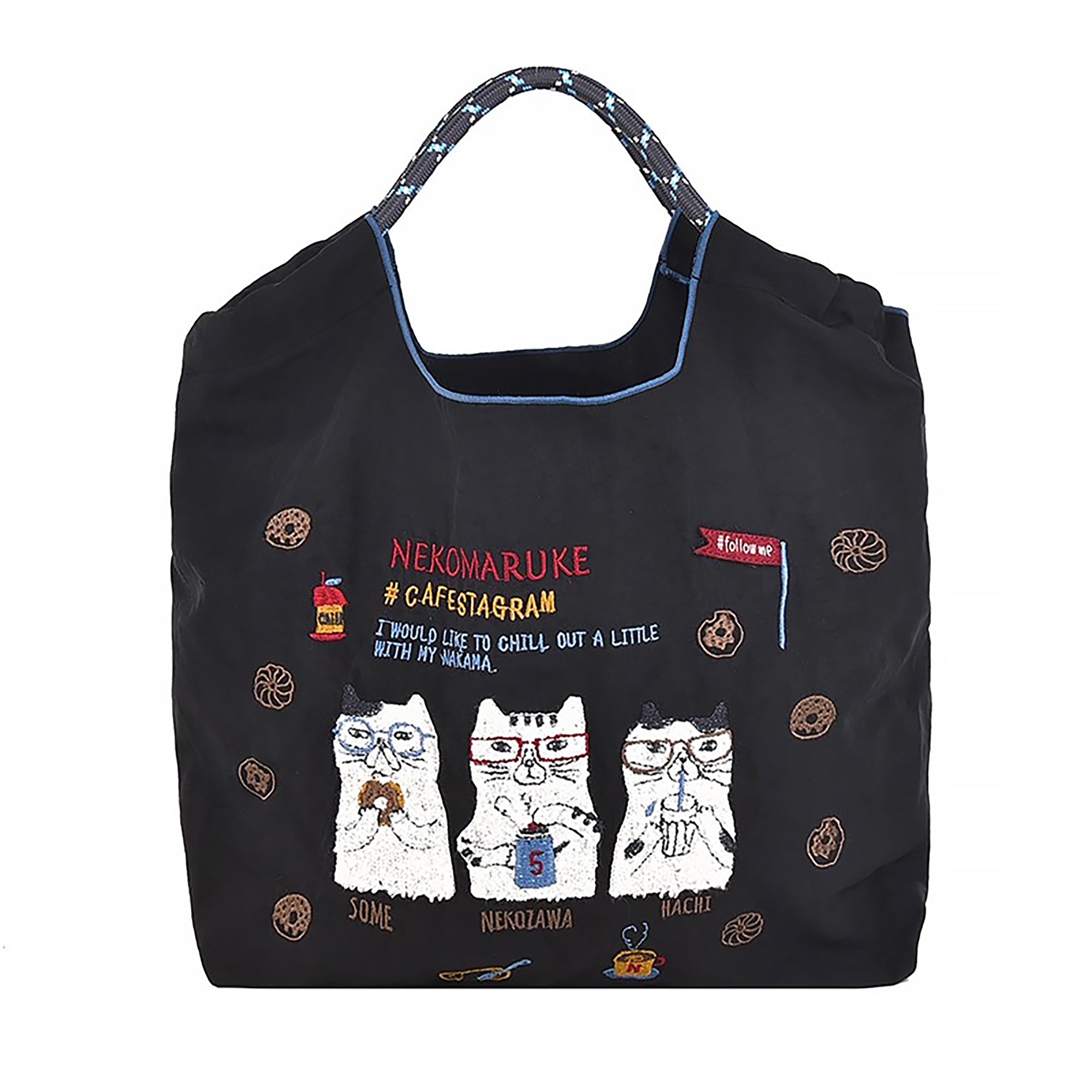 Kusuguru Einkaufstasche aus besticktem Nylon mit Katzenmotiv