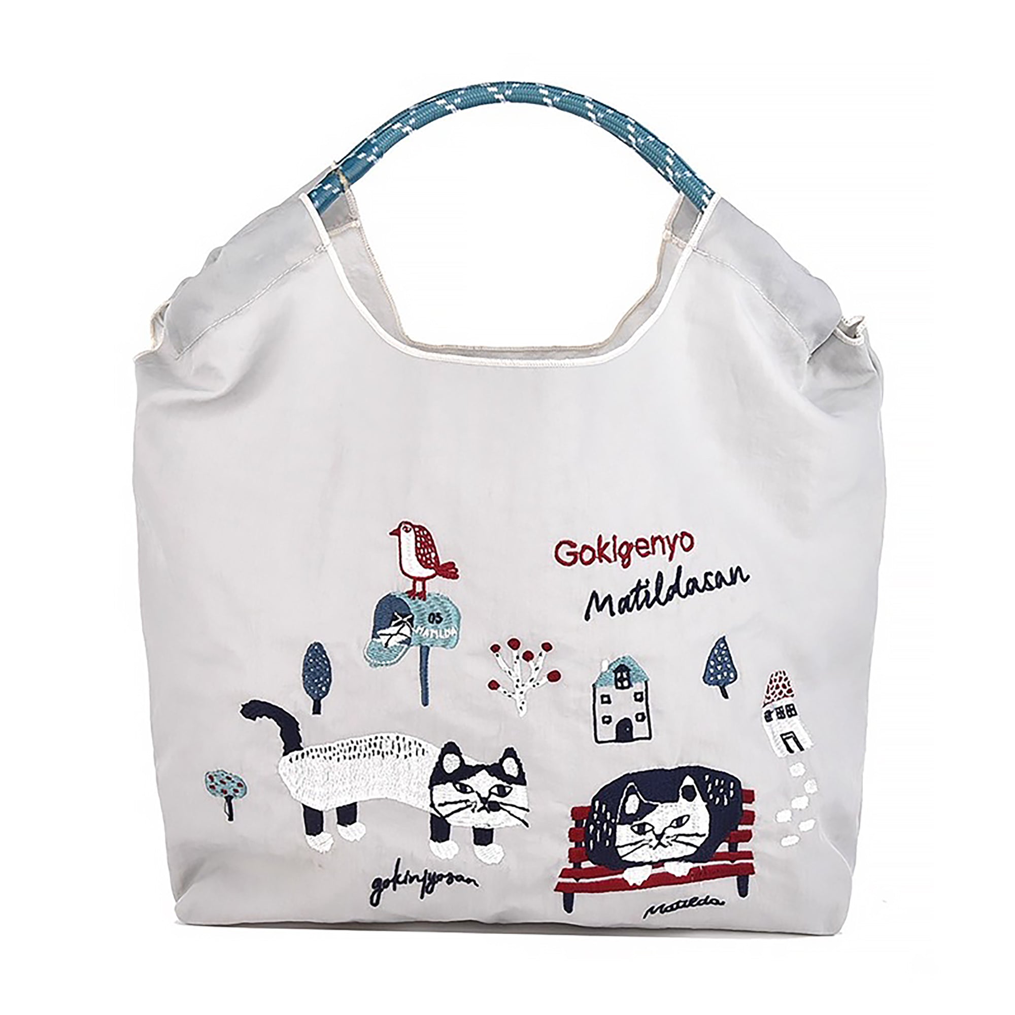 Kusuguru Einkaufstasche aus besticktem Nylon mit Katzenmotiv