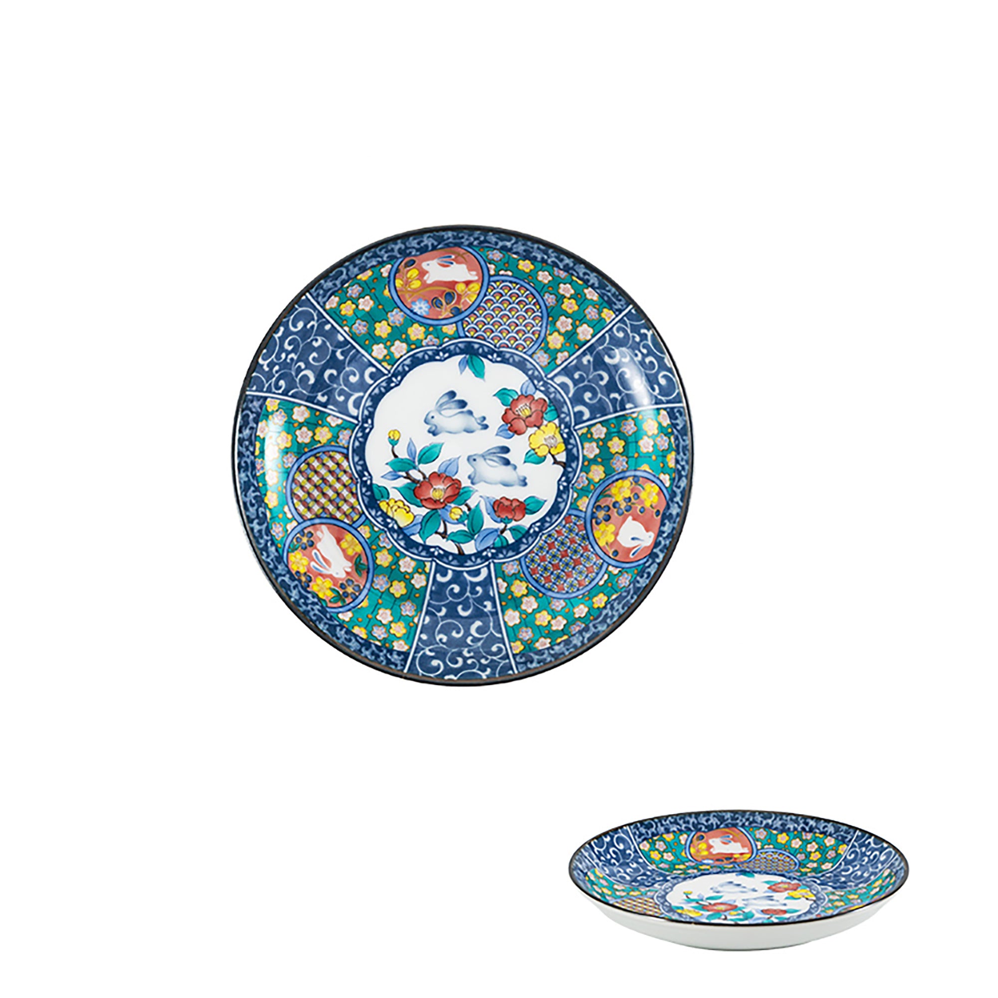 Kutani-Geschirr mit Blumen- und Hasenmotiv
