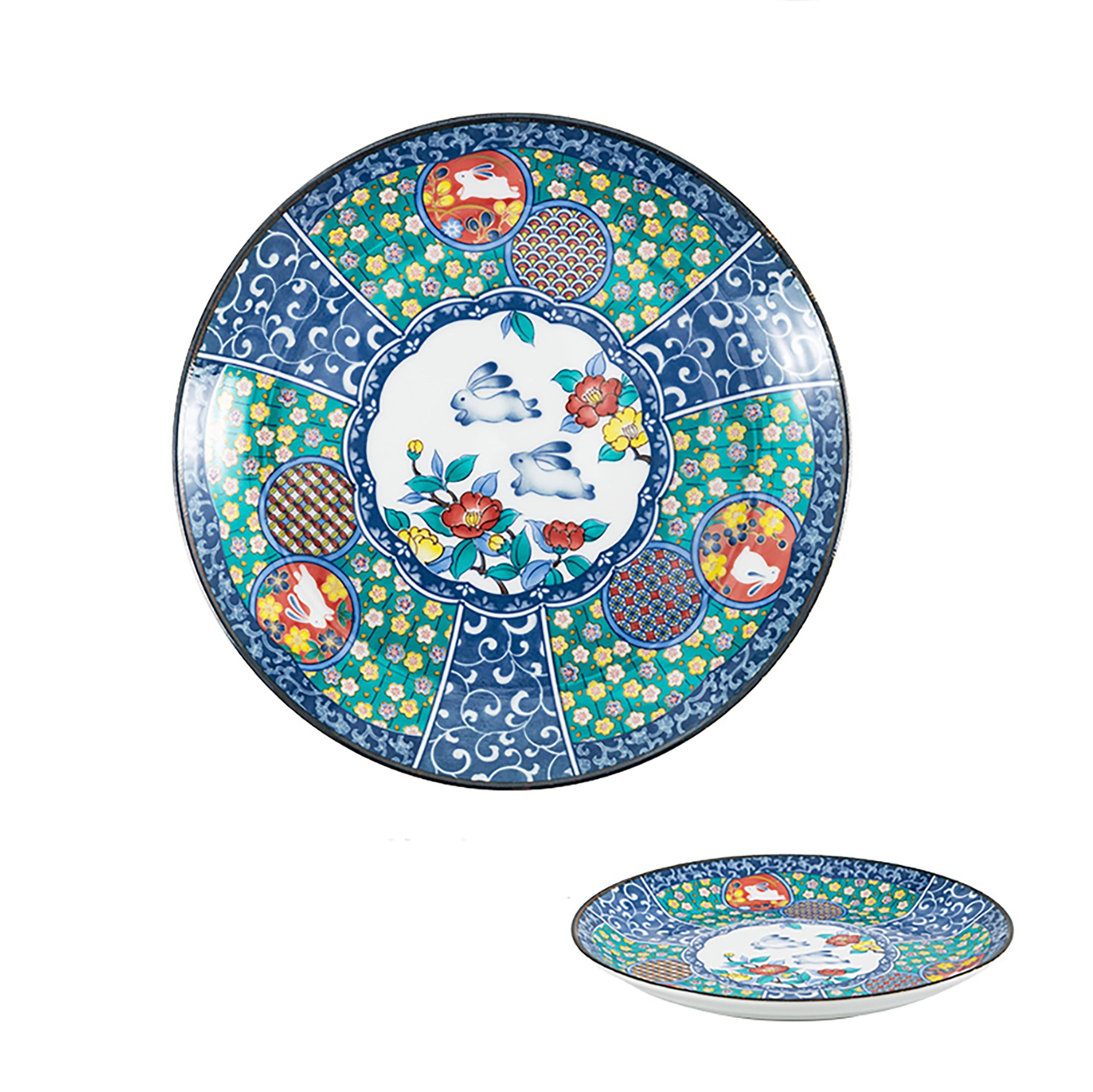 Kutani-Geschirr mit Blumen- und Hasenmotiv