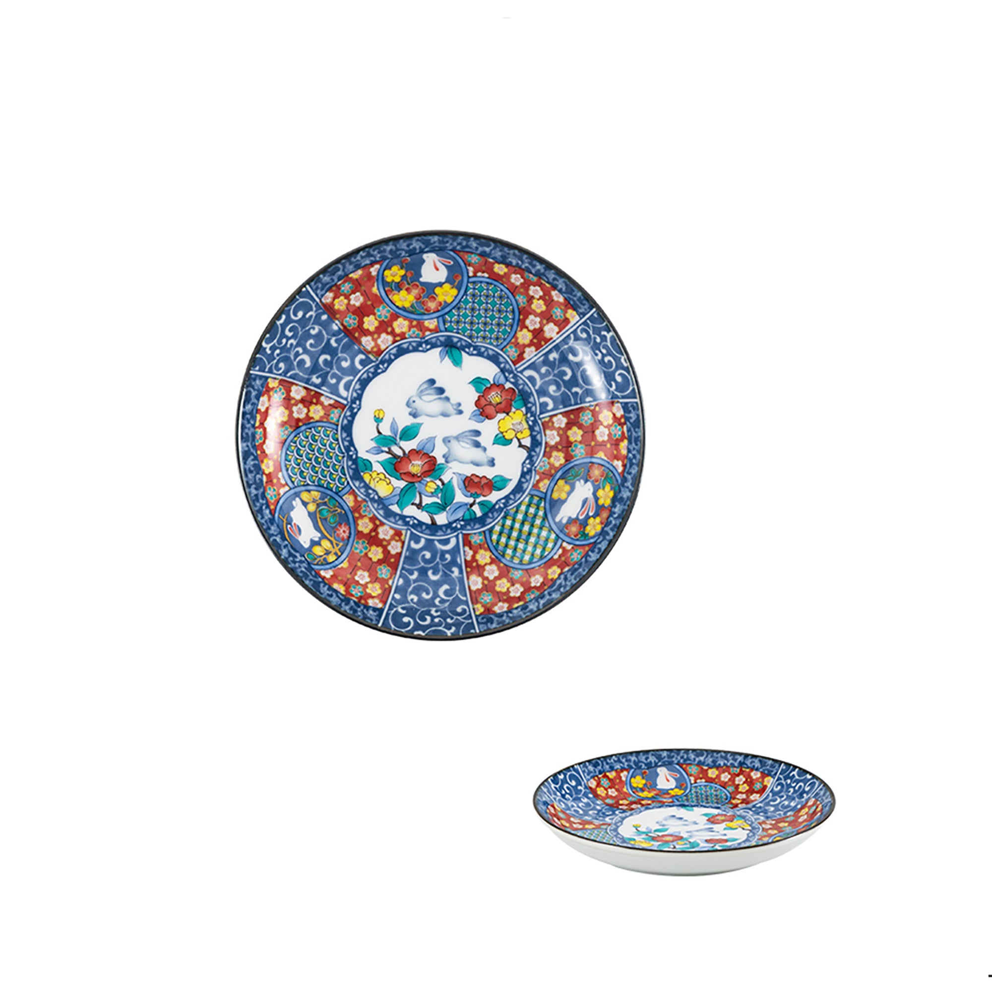 Kutani-Geschirr mit Blumen- und Hasenmotiv