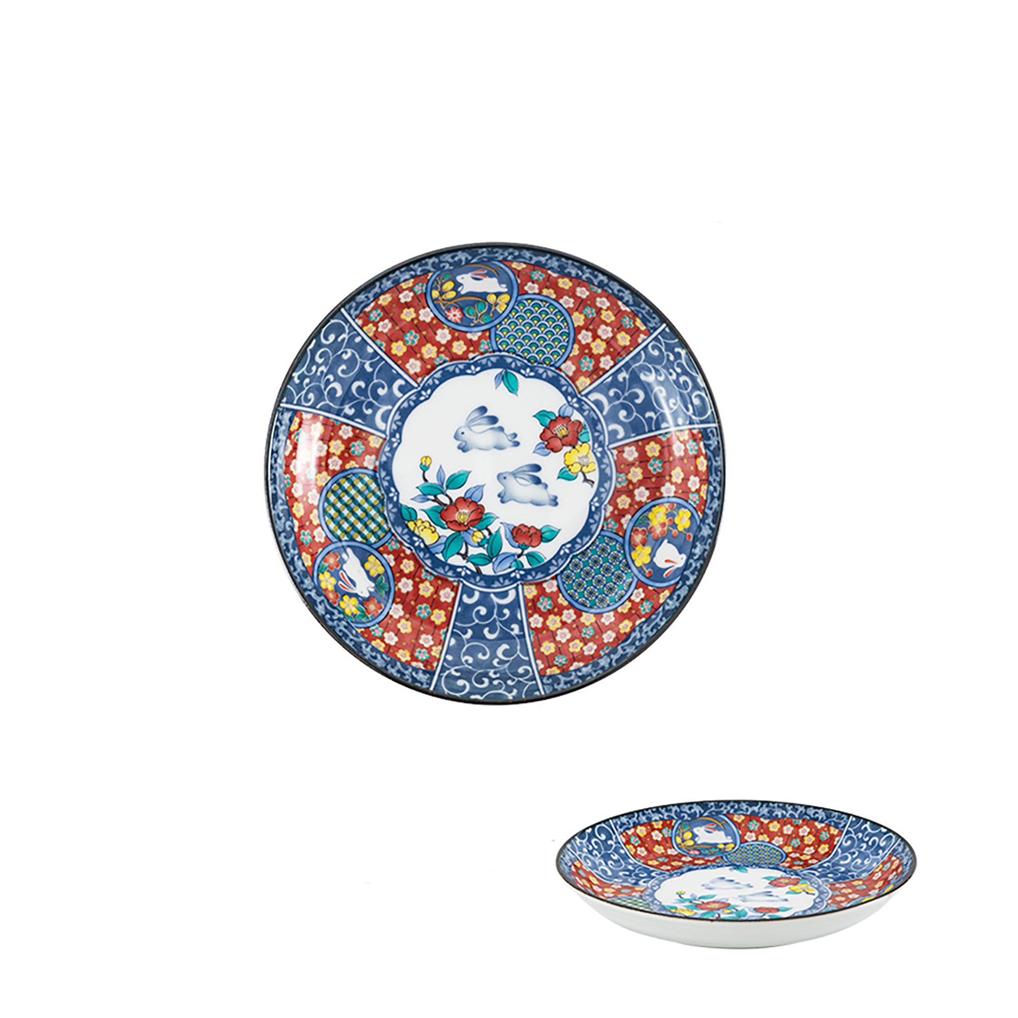 Kutani-Geschirr mit Blumen- und Hasenmotiv