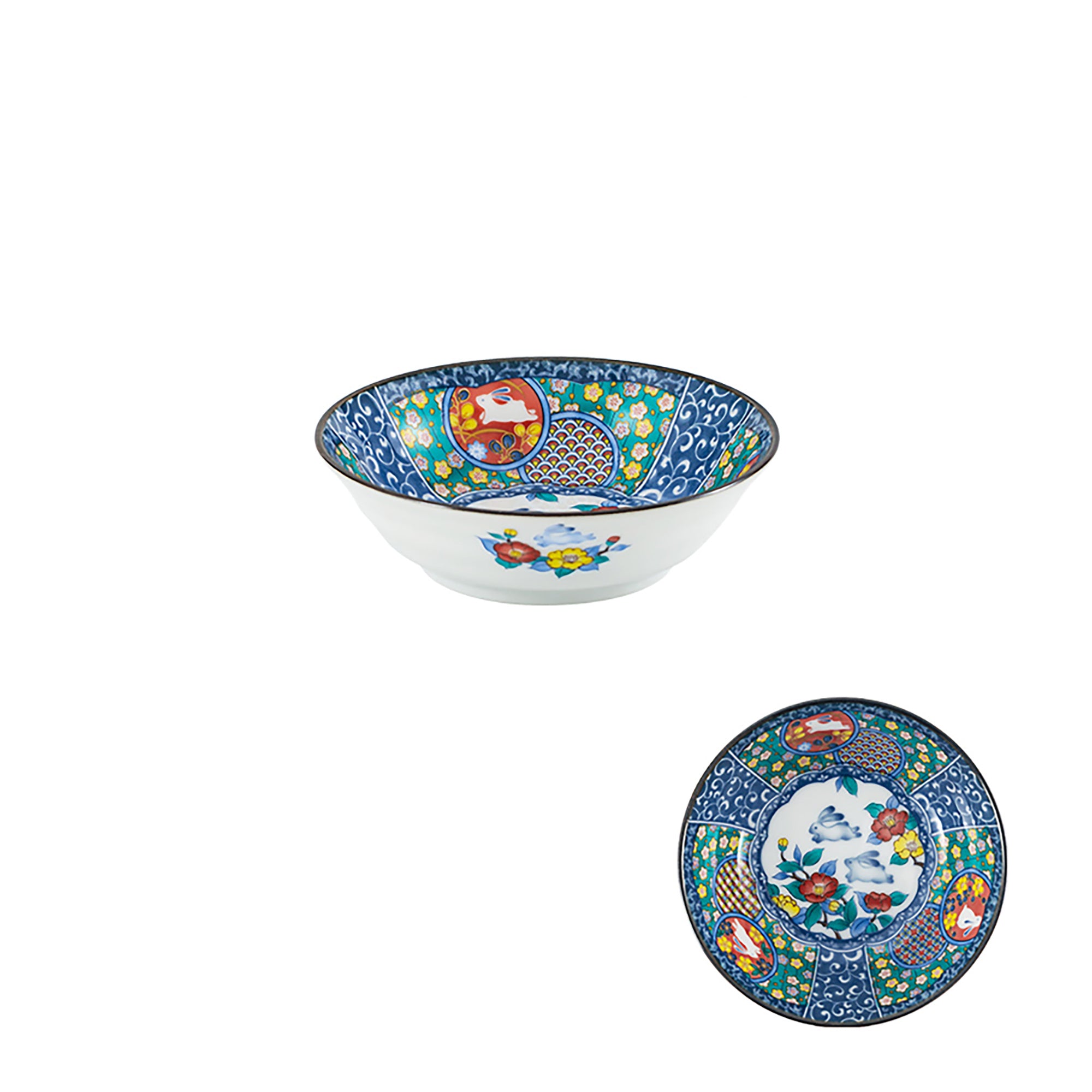 Kutani-Geschirr mit Blumen- und Hasenmotiv