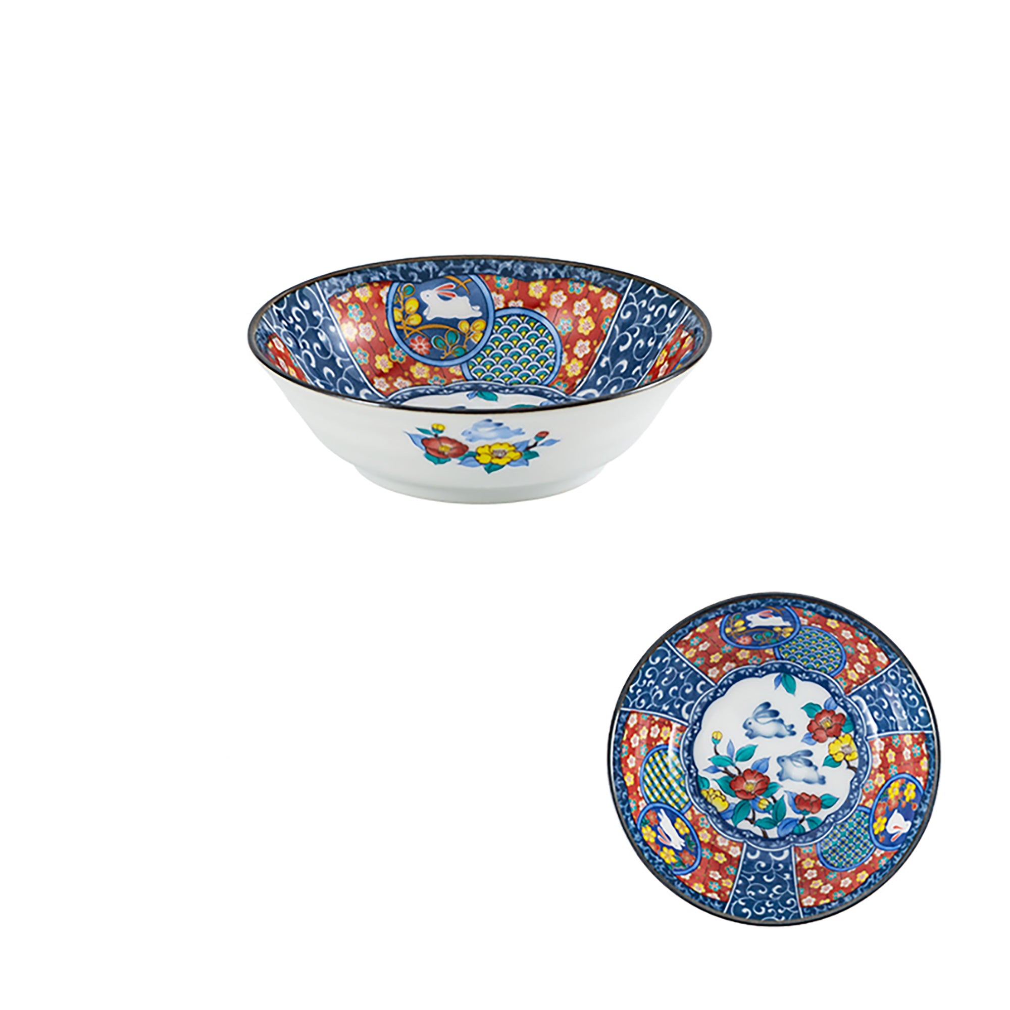 Kutani-Geschirr mit Blumen- und Hasenmotiv