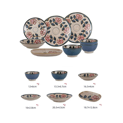 Vintage red ceramic tableware with Okinawa rose pattern