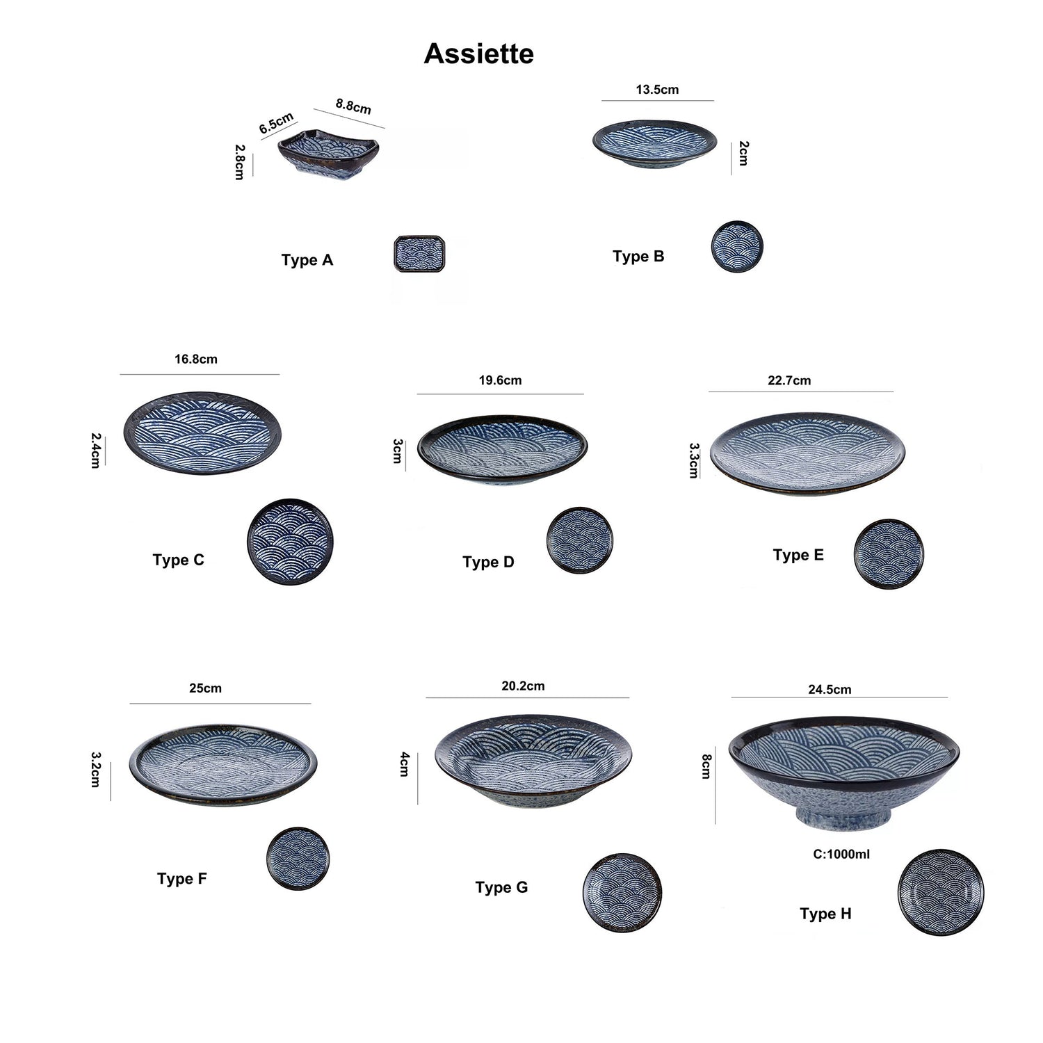 Vaisselles avec motif des Ondulations de la Mer d&