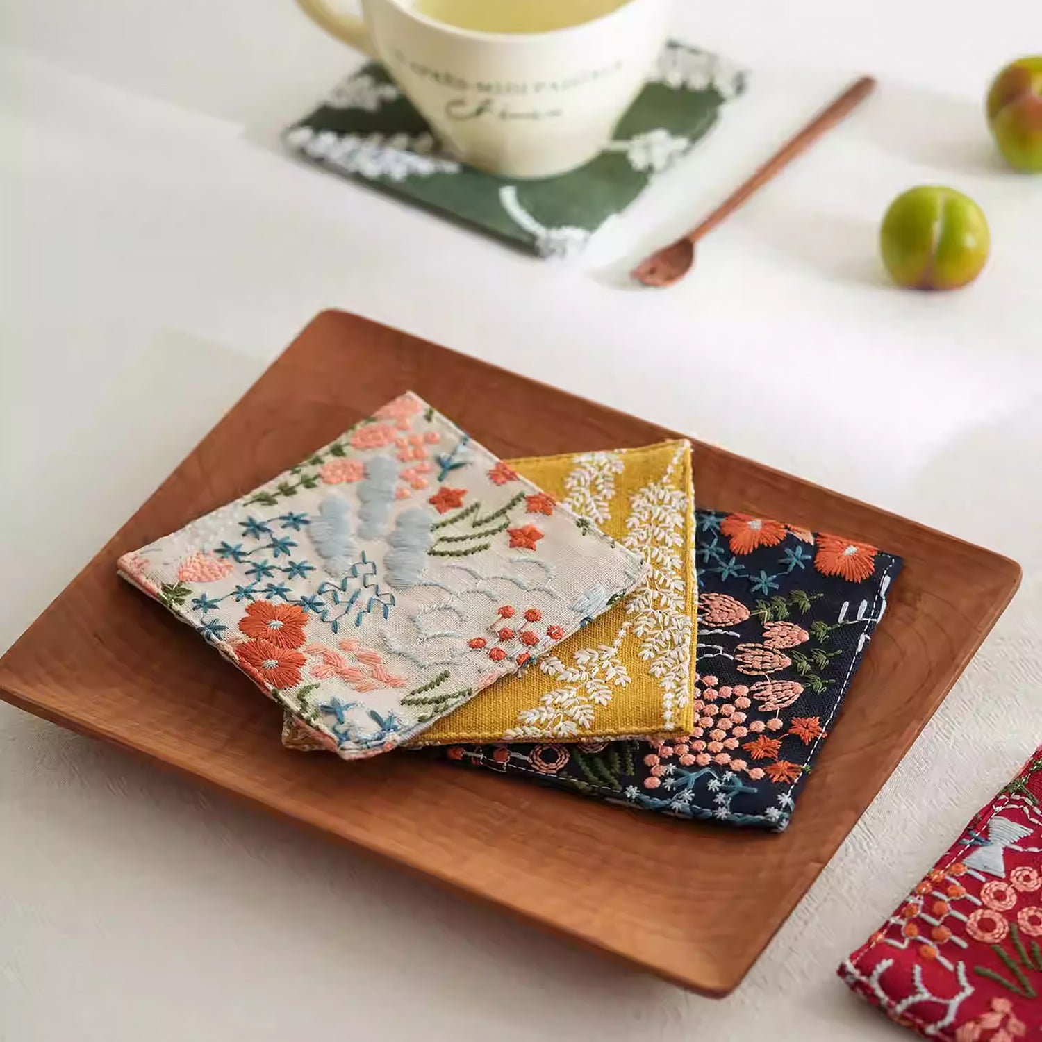 Sous-verre carré double couche en coton lin brodé