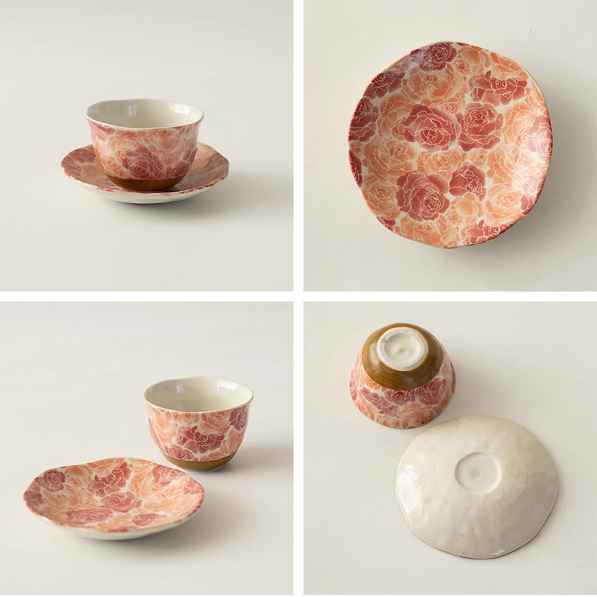 Tasse et soucoupe en grès Tokoname  avec Motif floral