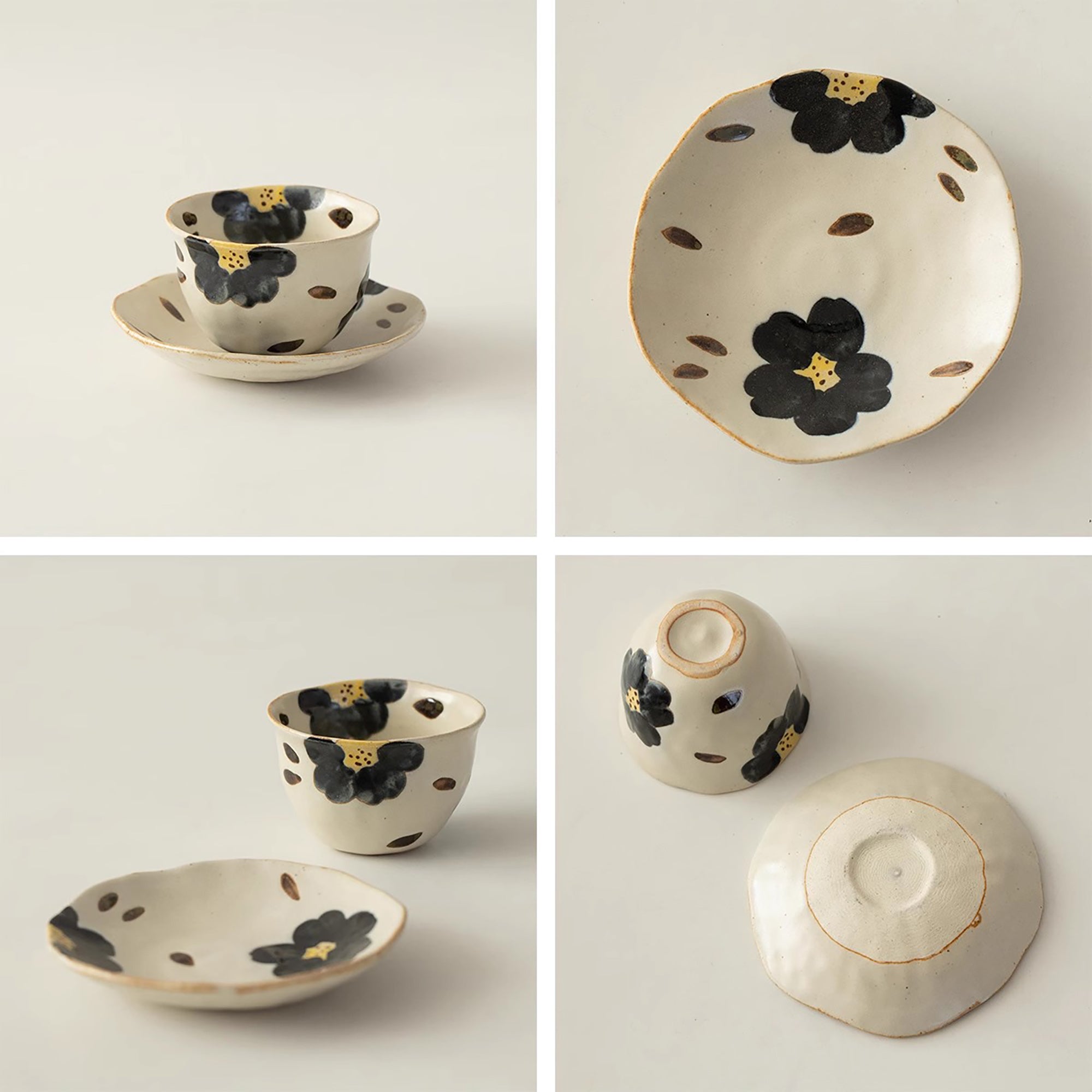 Tasse et soucoupe en grès Tokoname  avec Motif floral