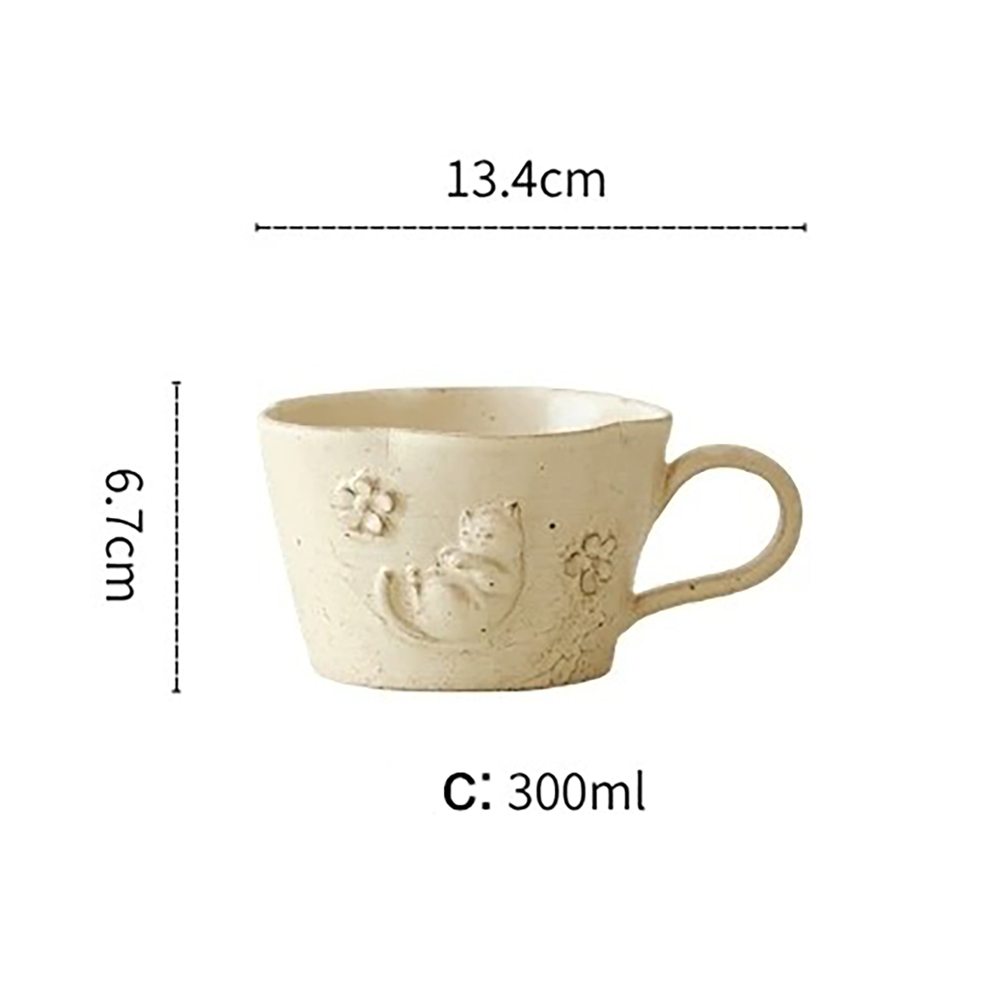 Tasse à café en céramique style Kohiki avec chat en relief fait main