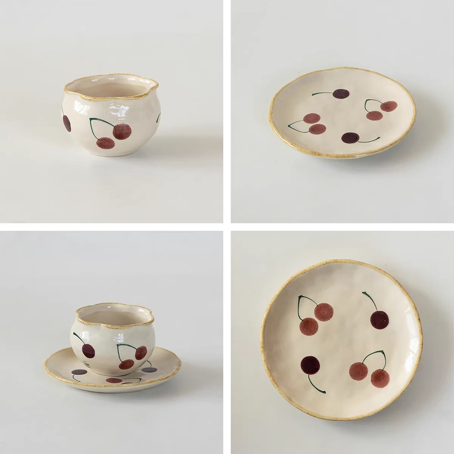 Tasse à café Minoyaki motif cerises peinte à la main