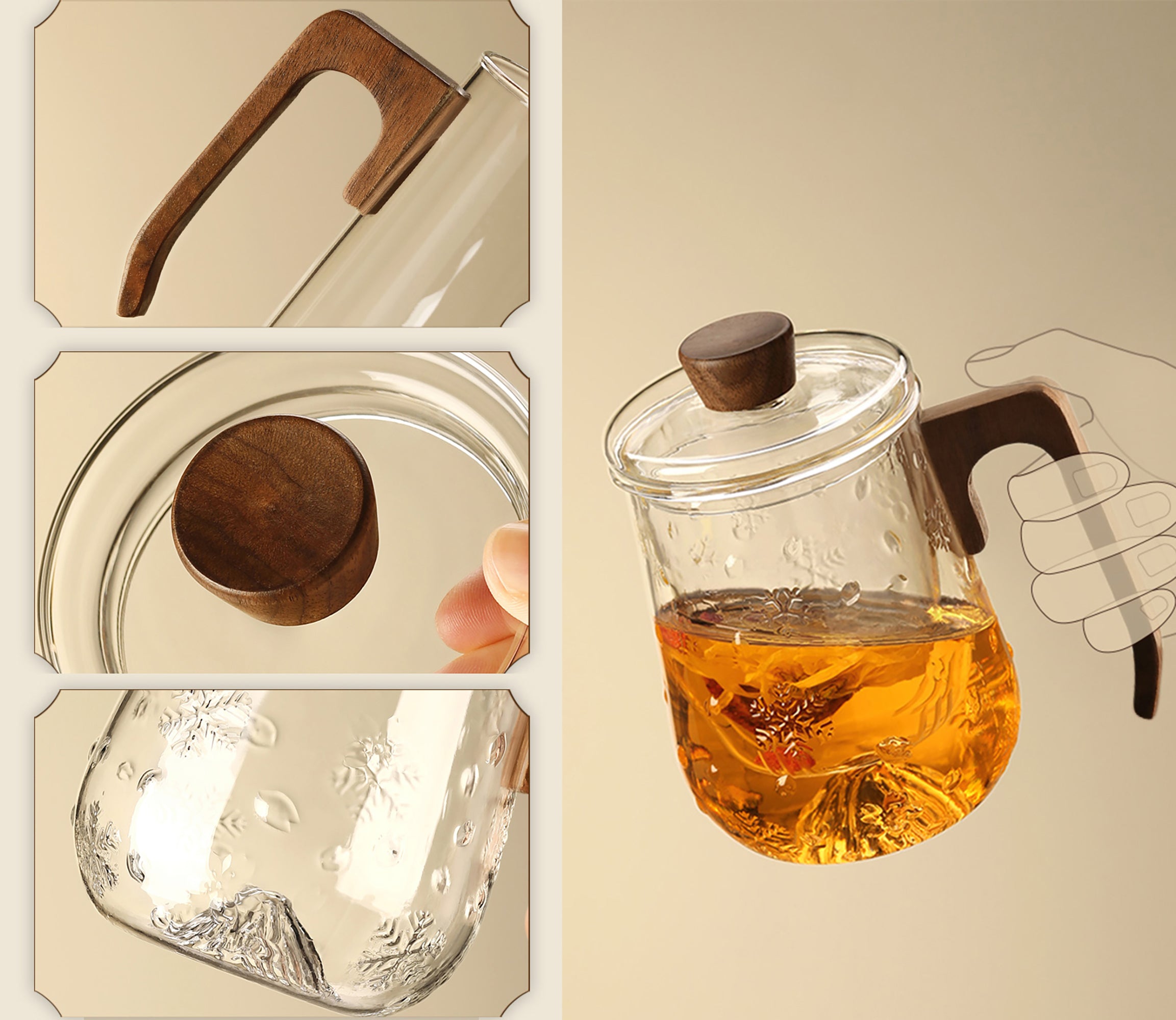 Tasse à infusion en verre avec poignée en bois de noyer